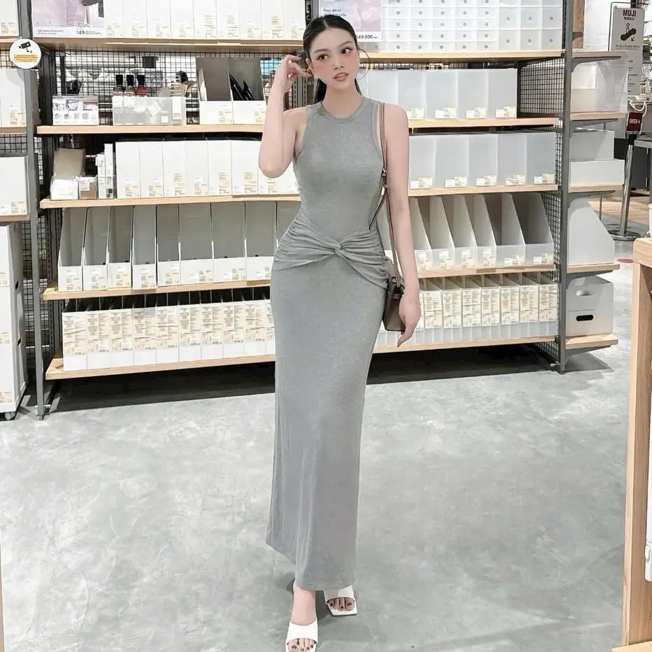 [Minnstudio] Váy body sát nách, xoắn eo dáng dài chất tăm co dãn