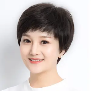 Wig Wanita Rambut pendek Ibu Rambut nyata Penutup Rambut pendek lurus Usia tengah dan Wanita tua Kepala Penutup Penutup Rambut nyata Sutra Rambut alami Penutup