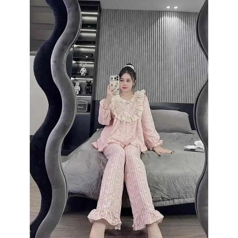 Đồ Bộ Tiểu Thư Hoa Cổ Viền Ren Tay Dài Chất Vải Đũi Hàn Mềm Thu Đông, Quần Dài Có Túi Size 40-60KG Women