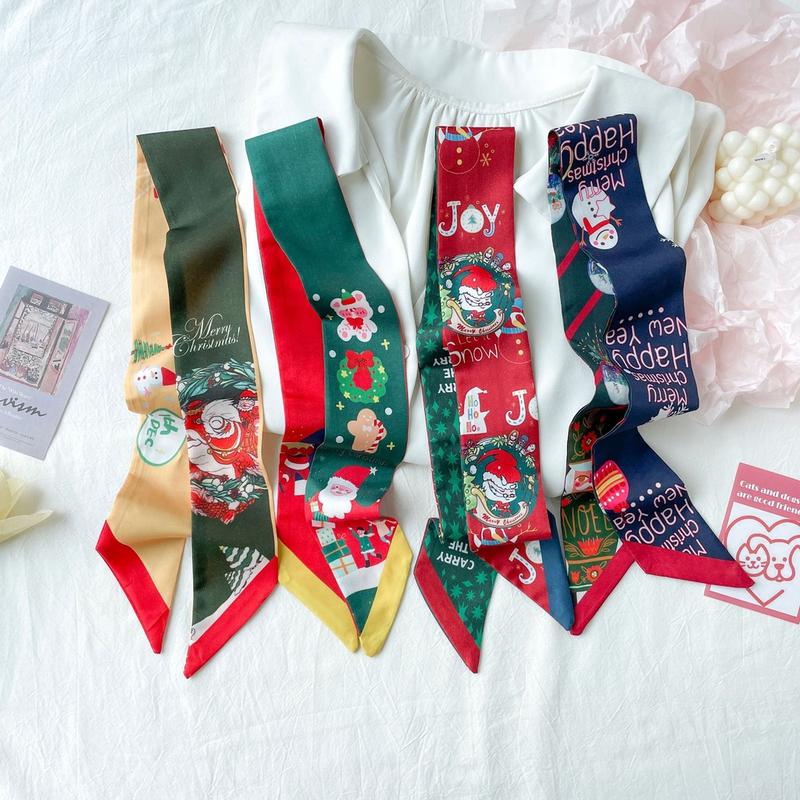 Product Introduction of JASMIN NOIR Silk Red Christmas New Year Print Strip Scarf Women's Hairband Tie Bag Accessories Ribbon Decoration for Bag Christmas  Gift 12