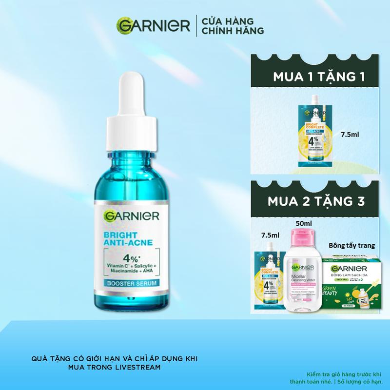 Dưỡng chất Chăm Sóc Da dầu m.ụn Garnier Bright Complete Anti-Acnes Booster Serum [Niacinamide, BHA, AHA, Vitamin C] 30ml