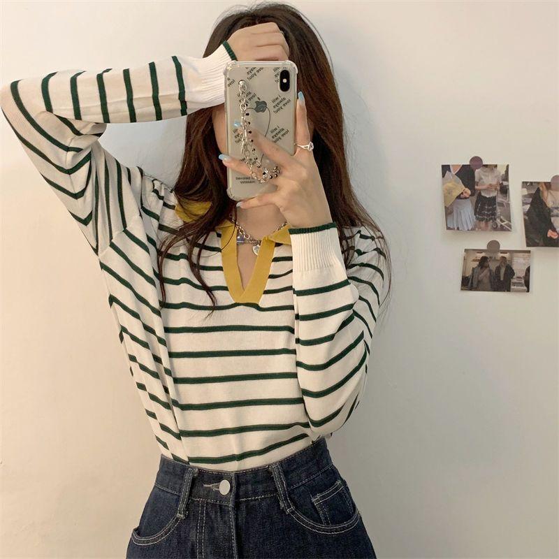Đồ Len Cổ Polo, Hàng Mới Về Mùa Xuân Và Mùa Thu, Áo Sơ Mi Lớp Nền Mỏng Sọc Cho Nữ, Có Thể Mặc Ngoài Trời, Thiết Kế Khăm Áo Thời Trang, Quần Áo Nữ Top Women aolennu ưachuông aolen uniq  lovietnam 3