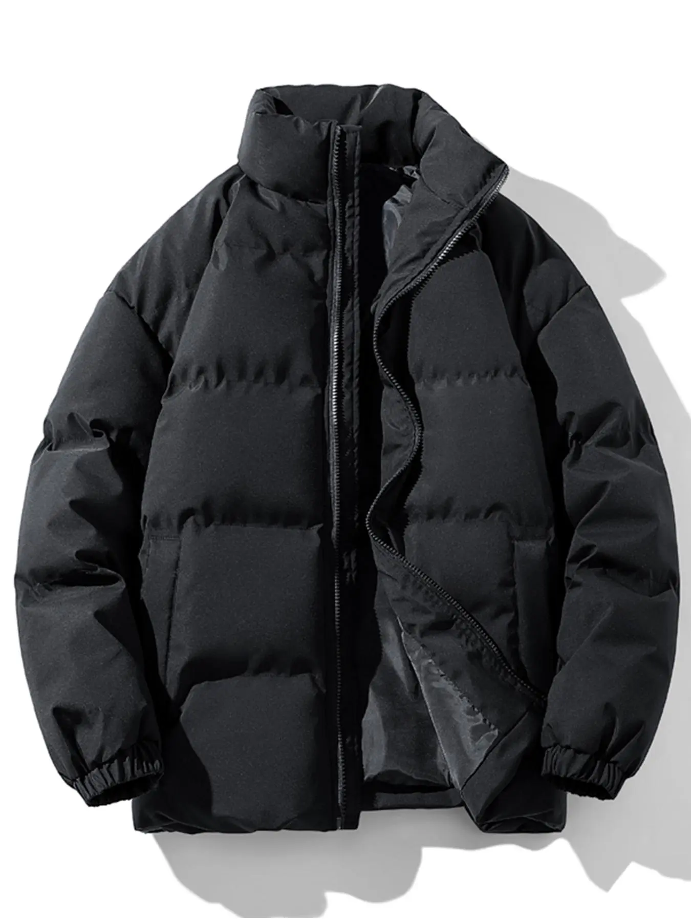 Men's Solid Drop Shoulder Zip Up Puffer Coat, Casual Regular Fit Long Sleeve Stand Collar Outerwear For Fall & Winter, Men's Clothes For Daily Wear, Cold Weather Gear