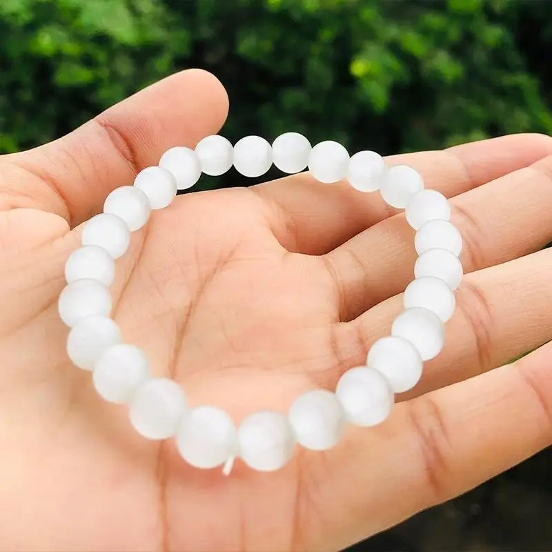Vòng Tay Tròn Đính Cườm Selenite, Mắt Mèo, Phụ Kiện Thời Trang, Quà Tặng 2