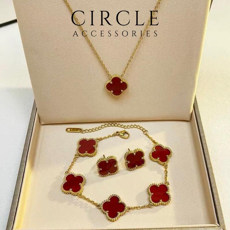 Bộ đỏ 3 món dây chuyên bông tai lắc tay hoa đỏ 4 lá may mắn, chống nước mạ vàng 18K không đen gỉ bộ  dây