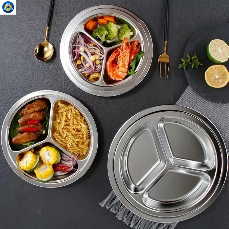 C&S     1-Piece Stainless Steel 3-Compartment Plate: A Versatile Stainless Steel Divided Tray and Dinner Snack Plate. Its 3 Compartments Make It Suitable for Parties, Meal Prepping, Camping.