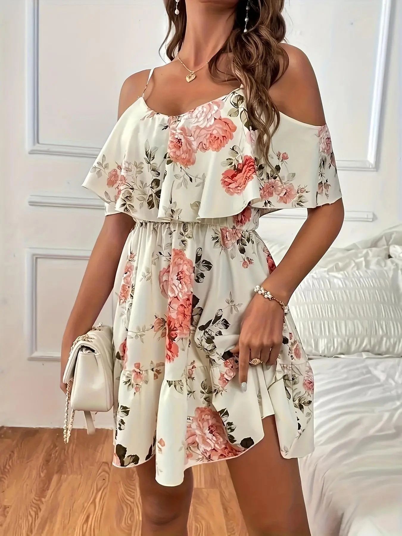 Women's Floral Print Cold Shoulder Ruffle A Line Dress, Boho Flounce Sleeve Short Dress for Beach Holiday Vacation, Ladies Summer Clothes