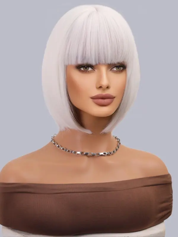 12 Inch Short White Straight Wigs for Women, Gorgeous Fluffy Wigs with Bangs, Synthetic Full Machine Wigs for Party, Daily Use 4