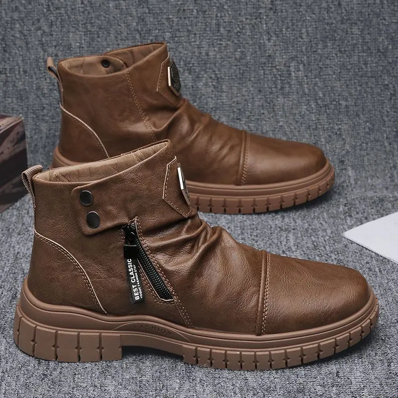 Giày Nam, Màu Trắng Và Cao Cổ, Cỡ Nhỏ Boot Công Nhân, Thích Hợp Cho Mùa Thu Và Mùa Đông, Màu Đen, Làm Bằng Da, Hàng Mới Về 2024 2