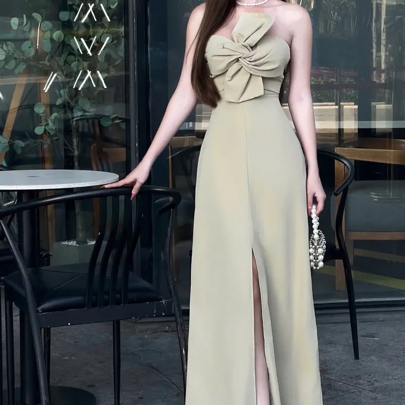 Đầm Cúp Nơ Xẻ Trước Vải Kaki Thô Có Mút 3 Màu Women Dress Nữ 1