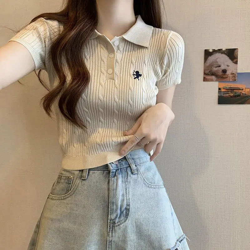 Áo Sơ Mi Dệt Kim, Phong Cách Mùa Hè, Cổ Polo, Ngắn Tay, Áo Nữ Ngắn, Áo Mỏng, Thời Trang, Sang Trọng, Dễ Thương, Độc Đáo