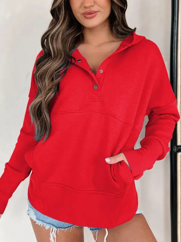 Women's Plain Pocket Button Drop Shoulder Hoodie, Casual Long Sleeve Hooded Pullover for Daily Wear, Ladies Clothes for All Seasons 1