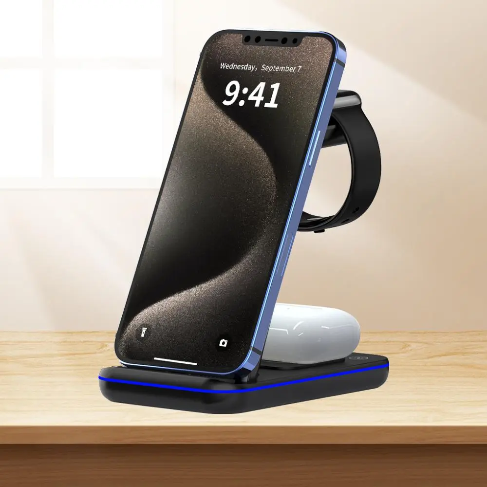 3 in 1 Wireless Charging Station, Portable Chargers with LED Light, 15W Fast Desk Charging Station, Wireless Charger Compatible with iPhone 16/15/14/13/12/11 Pro Max/X/XS Max/8/8 Plus, Smartphone Electronic Accessories