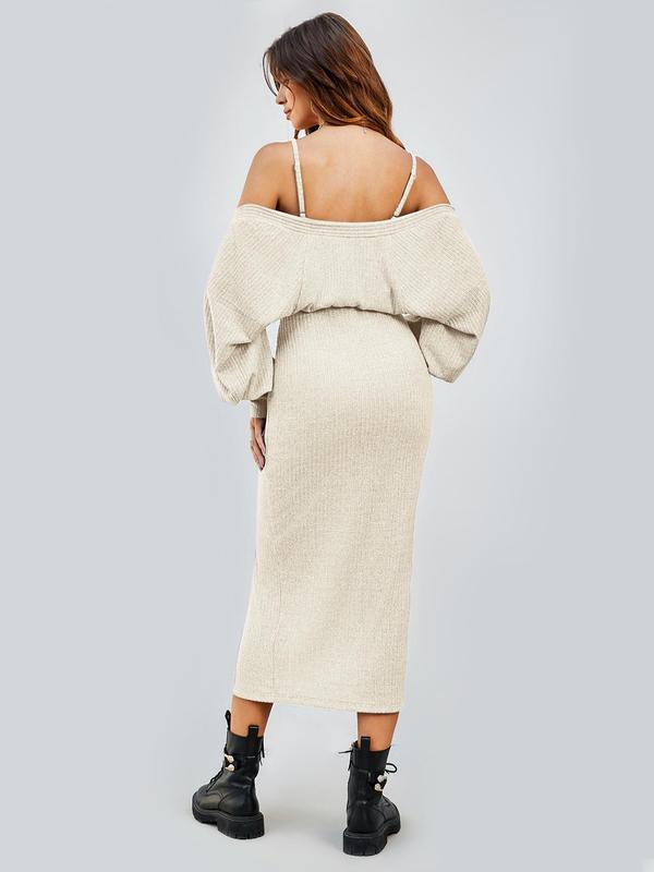 Two-Piece Set Women's Solid Co-ord Set, Split Thigh Knit Cami Dress & Bishop Sleeve Open Front Crop Top Set, Women's Clothing for Spring & Fall 3