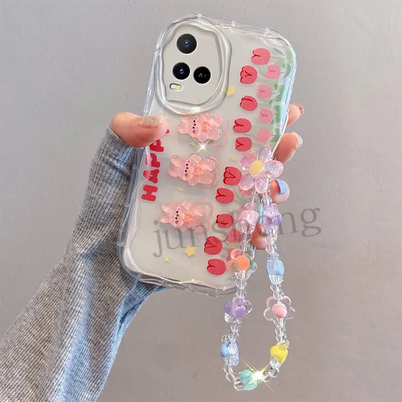 Ốp Silicon Gợn Sóng Trong Suốt Cho VIVO Y21, Y21S, Y21A, Dễ Thương, Hoạt Hình 3D, Hoa Tulip, Thỏ, Động Vật, Kem, Viền, Ốp Có Dây Đeo Vòng Tay 2