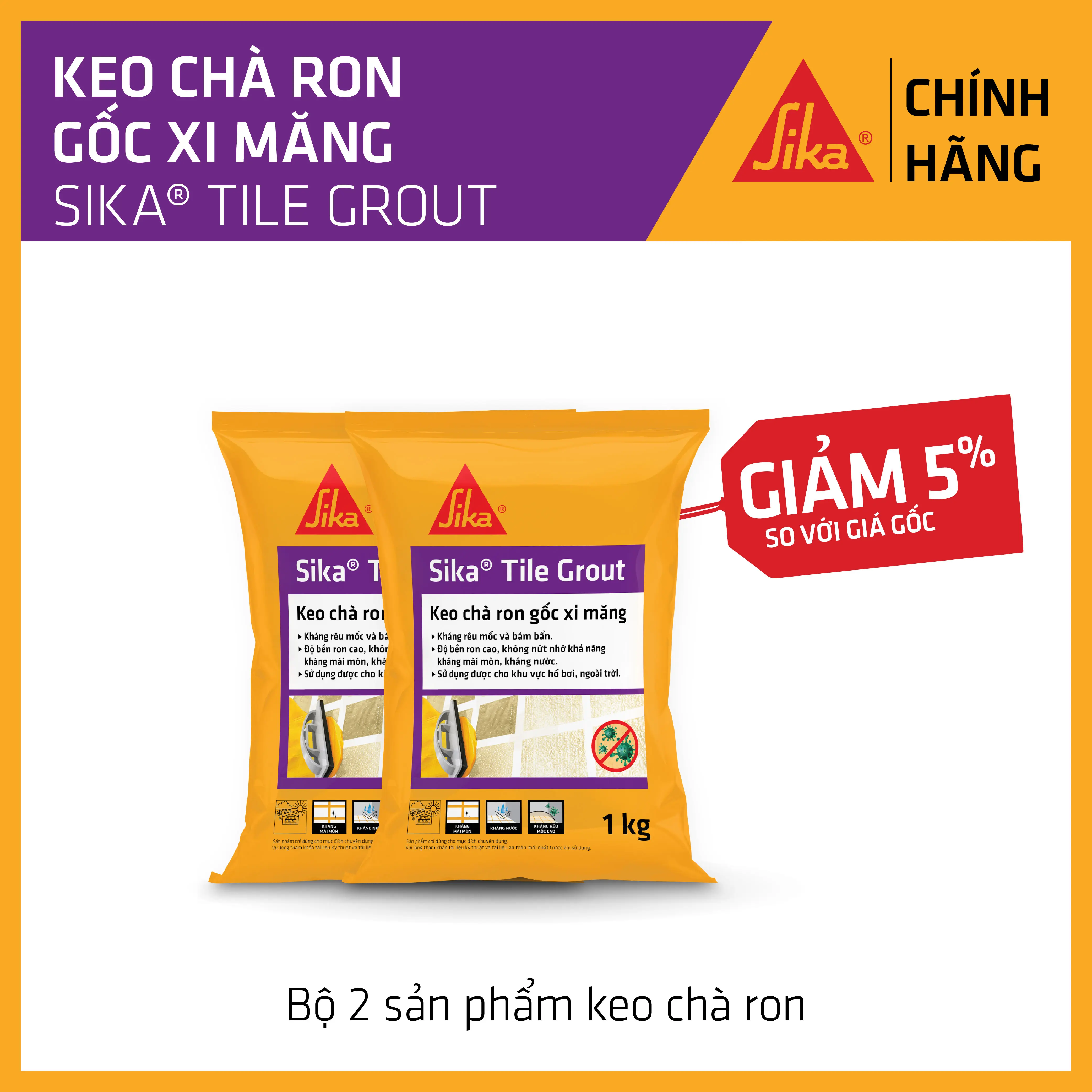 Sika - BỘ 2 sản phẩm keo chà ron chống thấm Sika  Tile Grout (bao 1 kg)