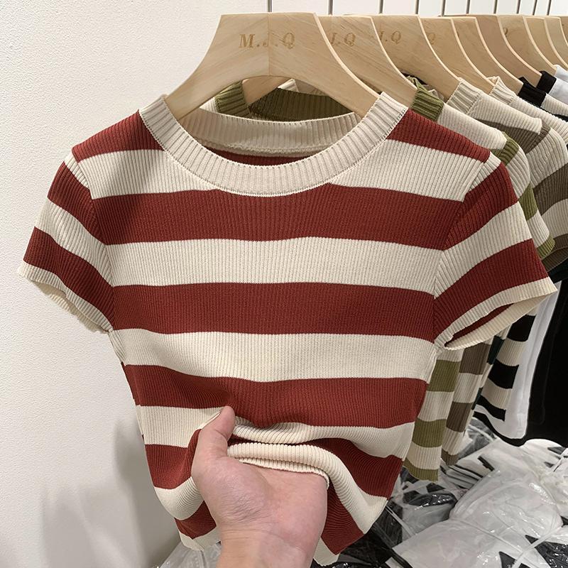 เสื้อแขนสั้นถักลายทางผ้าไหมน้ำแข็งสไตล์ยุโรป, สำหรับผู้หญิง, - TikTok ...