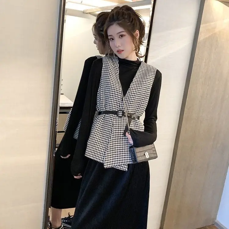 Áo Vest Họa Tiết Răng Nanh, OOTD, Mùa Thu Và Mùa Đông, Phong Cách Cổ Điển Mới, Thời Trang, Giảm Tuổi, Cổ Điển, Ngoại Cỡ, Thanh Lịch, Quần Áo Nữ Phong Cách Hàn Quốc 3