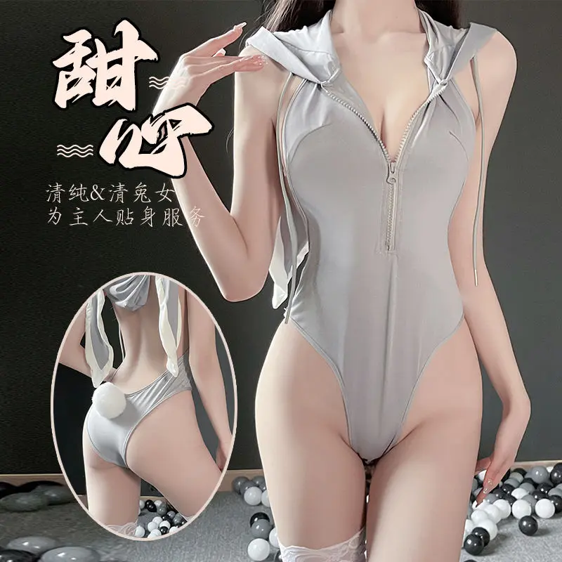 Sexy Lingerie Sexy One-Piece Bunny Girl Uniform Bodysuit Temptation No-Remove Sleepwear Gray Long Ear Pure Desire