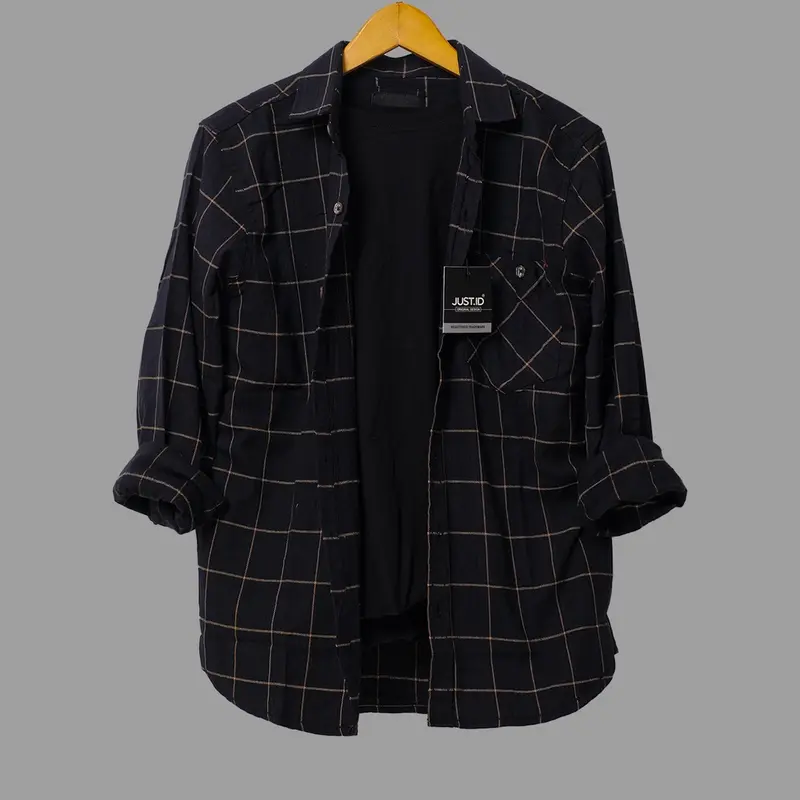 Kemeja Flanel Lengan Panjang Keren Motif Kasual Terbaru 2023 Pria Distro Kotak Hitam Casual Nyaman 5