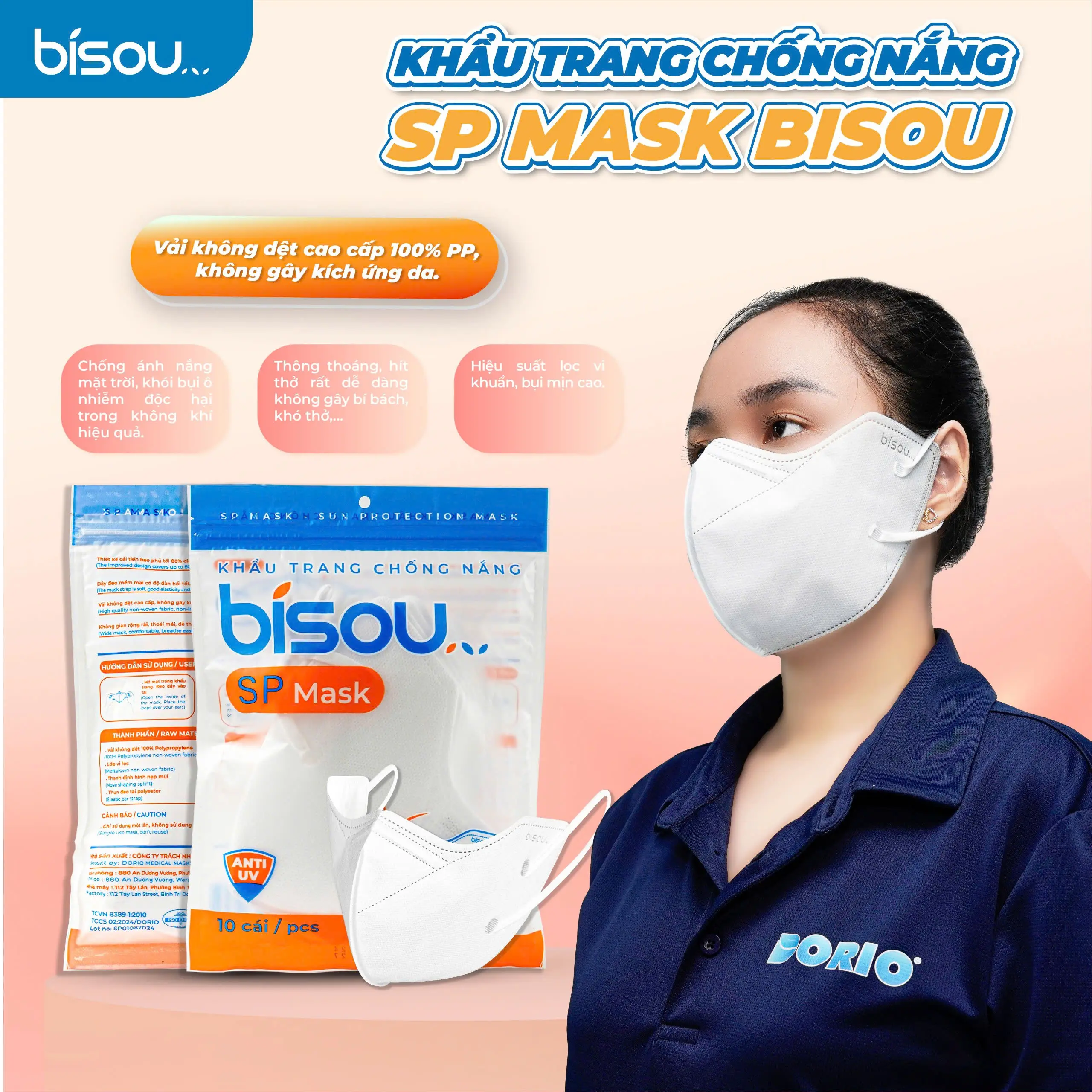 Túi 10 cái khẩu trang chống nắng SP MASK hiệu BISOU bao phủ đến 80% diện tích khuôn mặt Nam Nữ Phụ Kiện Che Mặt