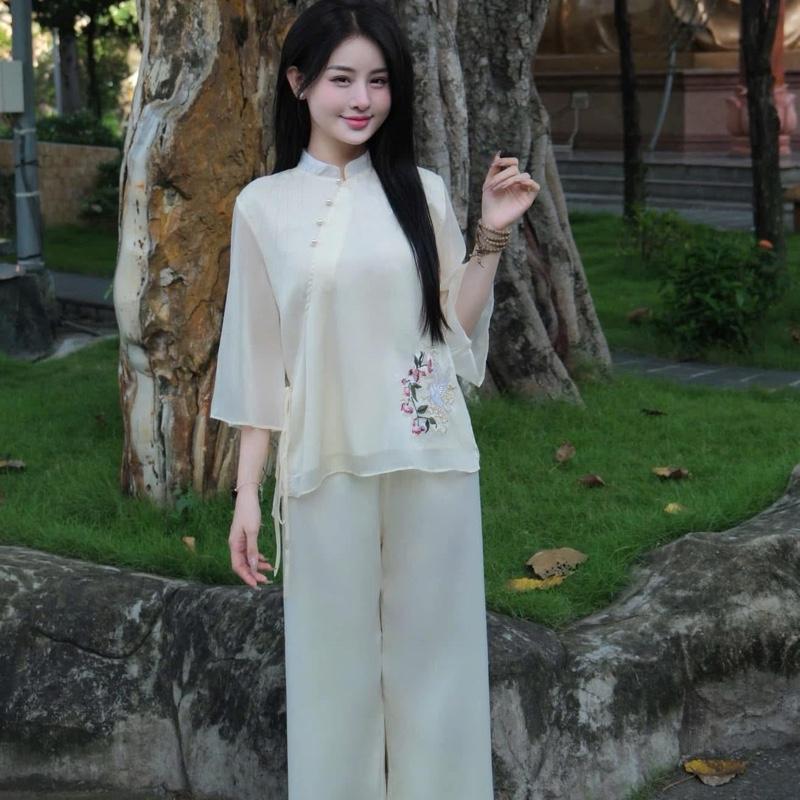 Bộ lam tơ dây eo thêu hạc ánh kim quần suông Nữ 2