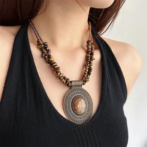 Kalung Retro Bohemian, Tugas Berat, Corak Ukiran Purba, Manik Turquoise, Untuk Wanita, Reka Bentuk Gaya Etnik Skala Kecil, Termasuk Rantai Kolar