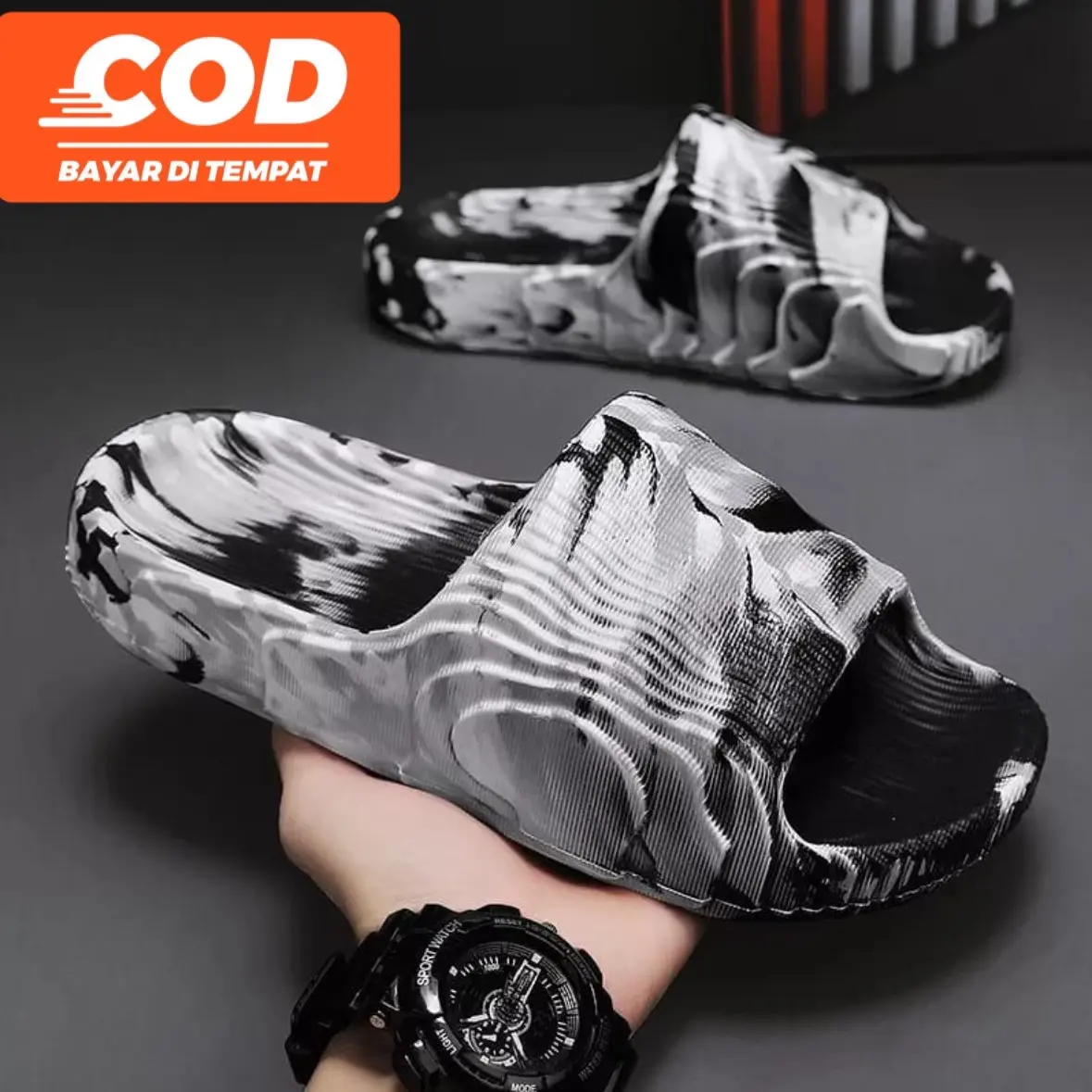 Sandal slop pria karet loreng sendal slip on Original Merah Putih