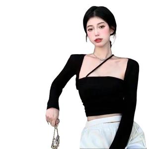 Áo croptop tay dài cổ vuông shop Tiến Linh. Nữ Women Nhung Sơ Mi Đen Voi