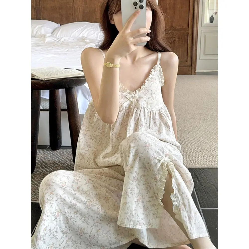 Bộ Đồ Ngủ Hoa Mùa Hè, Bộ Hai Mảnh, Vải Bông Hai Lớp, Cotton Nguyên Chất, Phong Cách Gợi Cảm, Có Đệm Ngực, Quần Dài, Bộ Đồ Mặc Ở Nhà