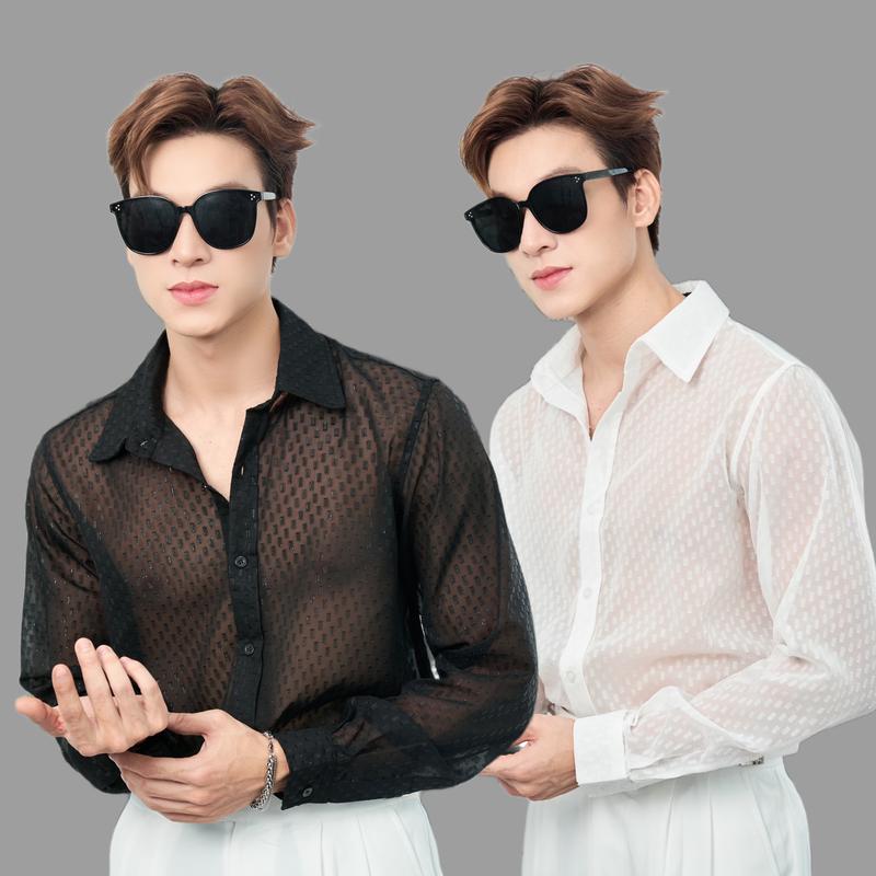  Áo Sơ Mi Nam Dài Tay Vải Voan Xuyên Thấu Hạt Kim Tuyến Đen Trắng Thương Hiệu Mr Twins  Có Cổ Menswear 