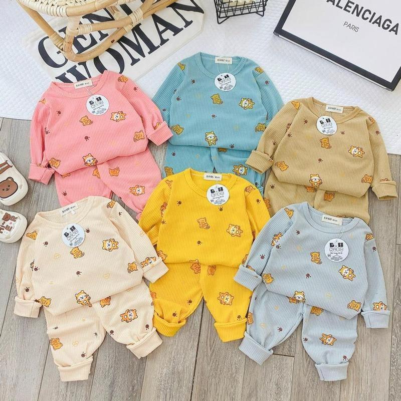 Bộ quần áo dài tay thu đông, chất liệu len tăm họa tiết in kín cho bé trai, bé gái size 6-16kg