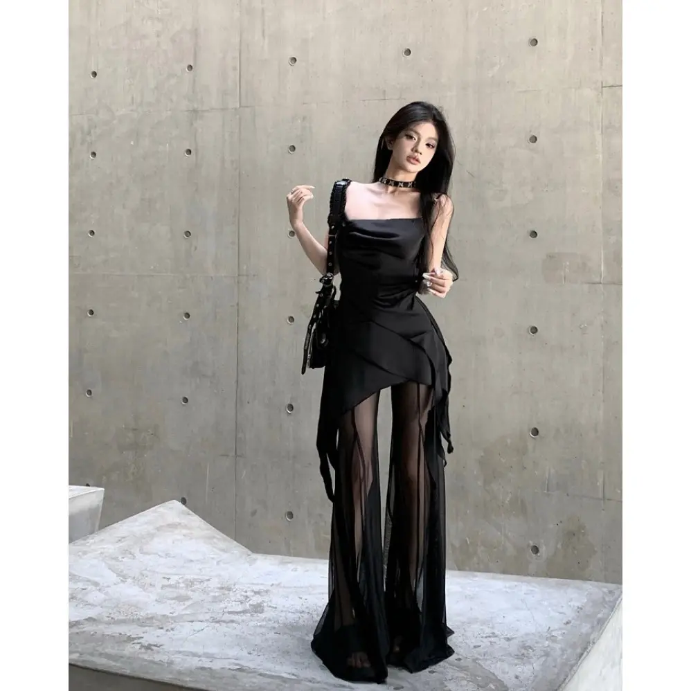 Elegant black camisole and sexy mesh wide-leg pants two-piece set