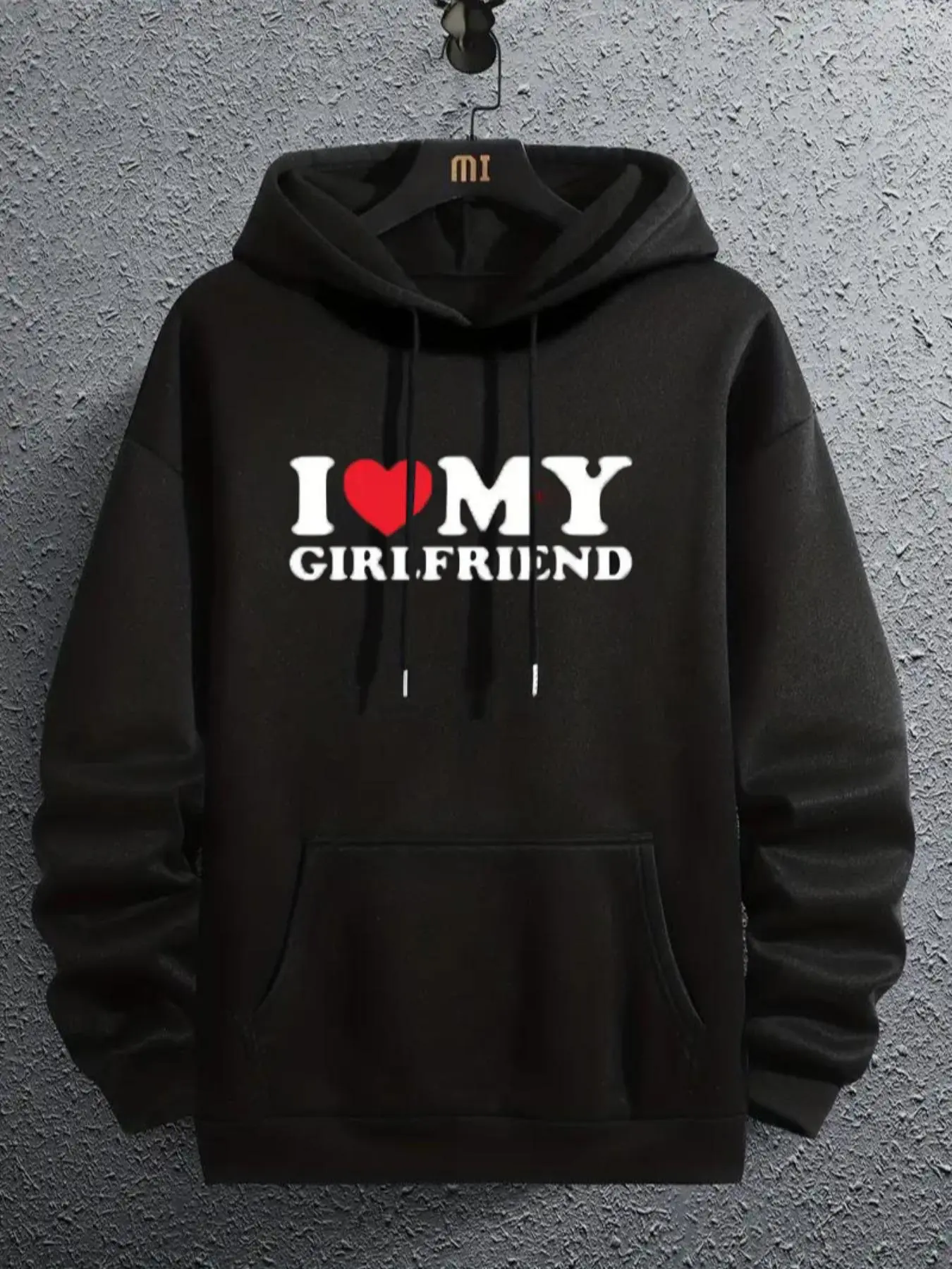 Unisex Men's "I Love My Girlfriend" Letter Print Drop Shoulder Hoodie, Regular Fit Long Sleeve Hooded Sweatshirt for Daily Wear, Men Clothes, Please Purchase A Size Up Valentine's Day, gift
