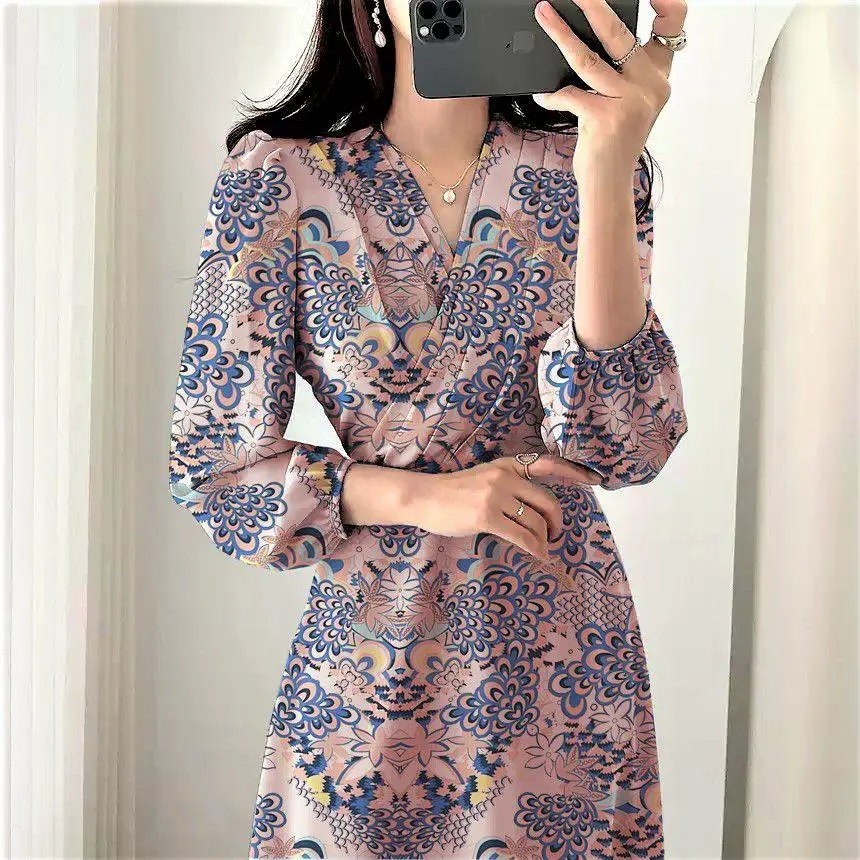 EIRINE FASHION Dress Aersa Batik Flow Fashion Long Dress Floral Ala Korea Dress Kasual Wanita Lengan Panjang Motif Bunga Hits Kekinian