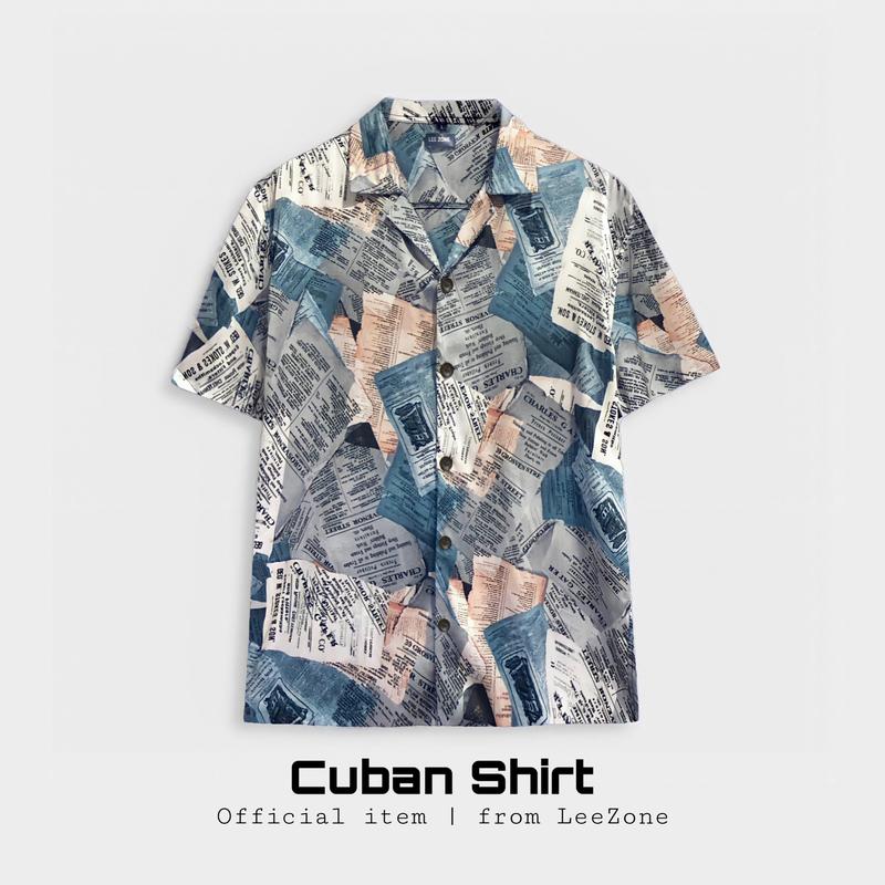 Sơ mi hoạ tiết tờ báo xanh | Áo sơ mi Cuban LeeZone form rộng mặc hằng ngày , chất vải lụa thoáng mát không nhăn Cổ chữ V
