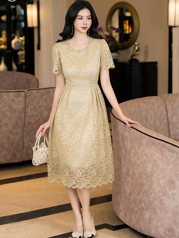 Đầm Ren Thêu Tường Vy  Nữ Trung Niên  Cao Cấp, Sang Trọng tặng mẹ thương hiệu Thiều Hoa DD4L0434 Women Dress Váy