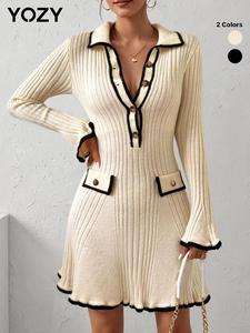 YOZY Women's Contrast Binding Fake Pocket Button Front Sweater Dress, Elegant Flounce Sleeve Collared A Line Knit Dress for Fall & Winter,  Fall Clothes, Winter Clothes，Valentine's Day Gift for Girl
