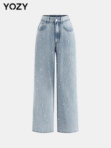 YOZY Women's Faux Pearl Decor Button Fly Wide Leg Jeans, Casual Comfy Pocket Design Denim Pants for Daily Wear, Ladies Bottoms for All Seasons, Valentine's Day Gift for Girl