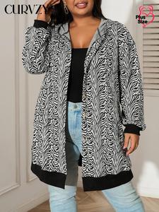 CURVZY Plus Size Autumn Aesthetic Zebra Stripe Print Button Front Hooded Coat, Casual Long Sleeve Drop Shoulder Outerwear for Fall & Winter, Women's Clothes for Daily Wear