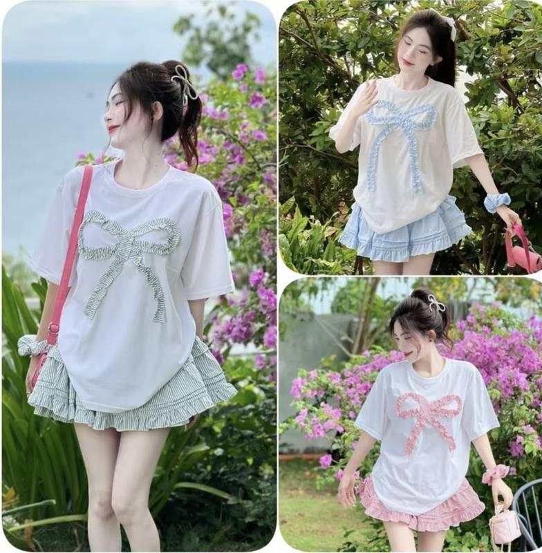 Top set bộ tiểu thư  2 món váy kèm áo Nữ  Kem  Voi -  botieuthu Women áo thun form rộng tay lỡ trang trí NƠ kèm chân váy xanh pastel xếp ly bèo