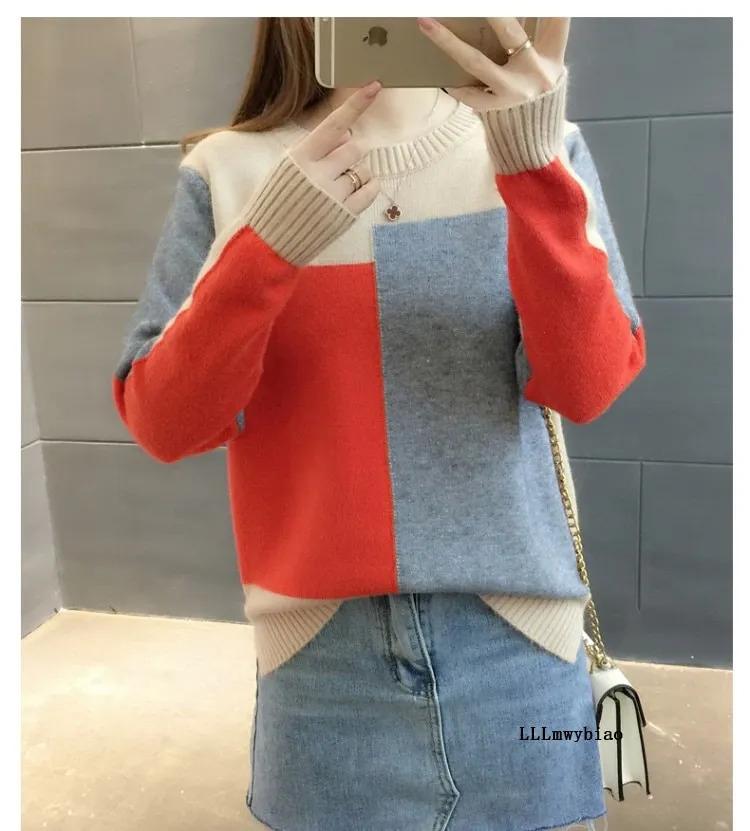 Product Introduction of Women color block pullover sweater autumn winter New Fashion large size round neck knitted tops female long sleeve jumper S-2XL 16