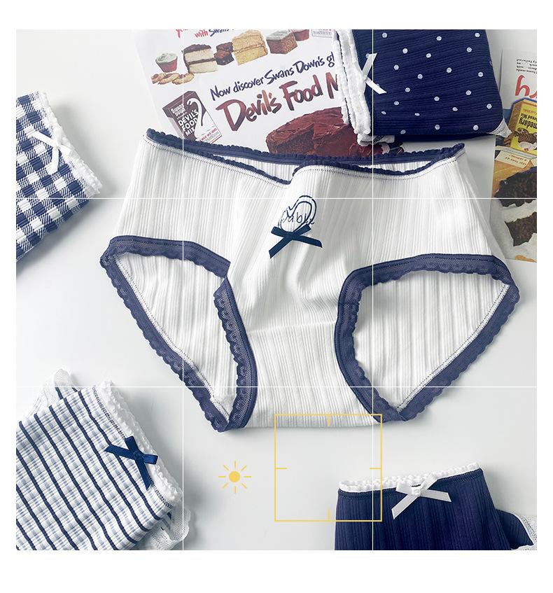 Product Introduction of Blue Pure Desire Series Pure Cotton Underwear for Women Japanese Lucky Navy Mid-Waist Full Cotton Crotch Student Party Triangle Shorts Plus Size 15