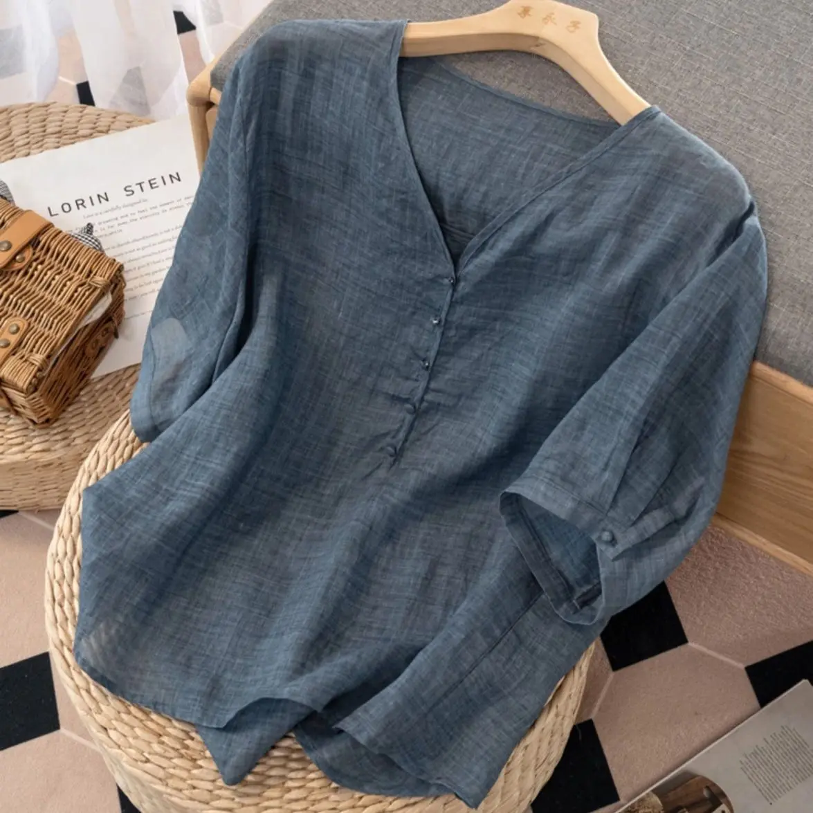 Women's Loose Fit Short Sleeve T-Shirt Summer Loose V-Neck Slimming Solid Color Versatile Casual Thin Top