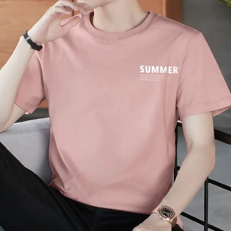 Baju-T, Lengan Pendek, Fesyen Lelaki, Trend Musim Panas Baharu 2024, Leher Bulat, Baju Atasan Merah Jambu, Tee Lengan Separuh, 2025