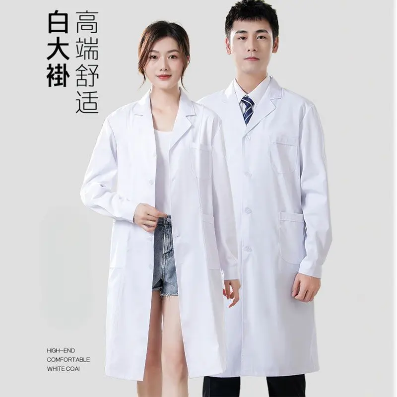 White Coat Men and Women Doctor Long Sleeve Physician Nurse Workwear Student Chemistry Laboratory Coat Apron