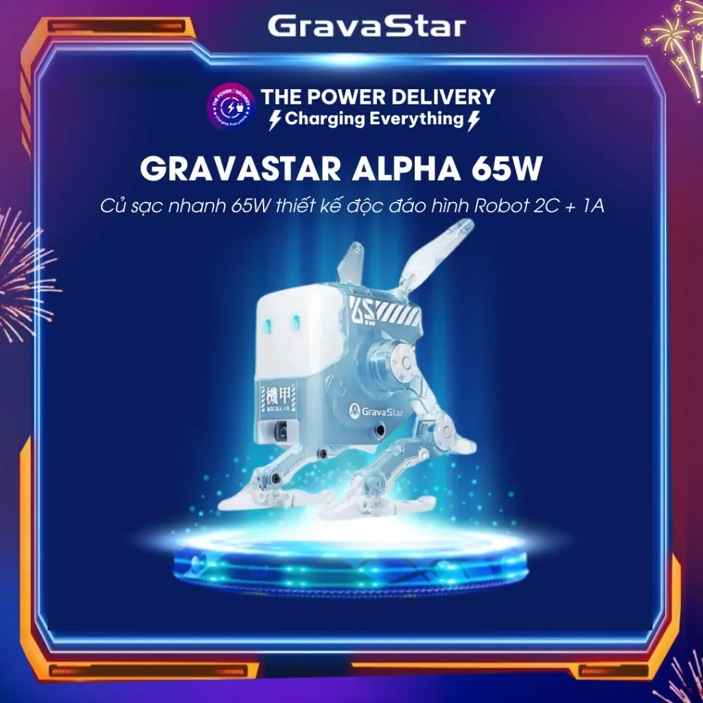 Củ sạc nhanh GravaStar ALPHA65 GAN 65W thiết kế độc đáo hình Robot 2C + 1A, decor góc làm việc, có LED Phụ Kiện Usb