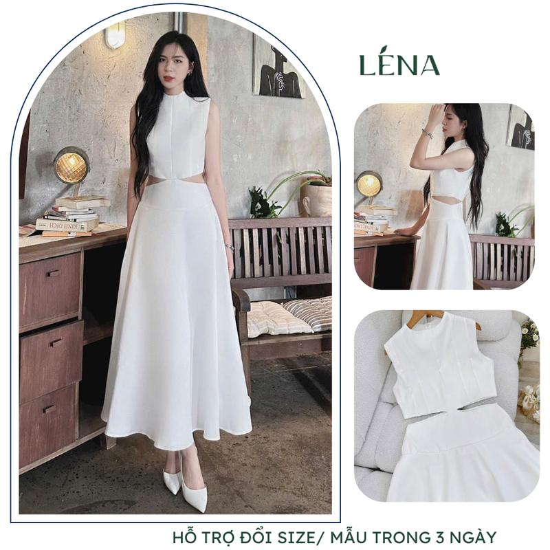  Đầm midi dáng dài trắng khoét eo dự tiệc trẻ trung sang trọng LENA 3048 Nữ đầm  trắng 