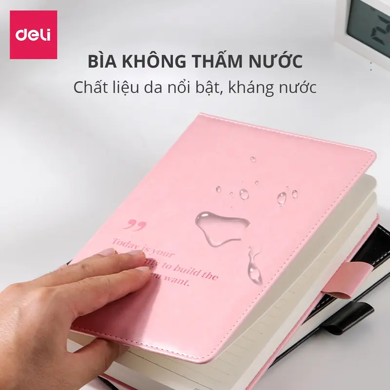Sổ tay ghi chép A5 Bìa Da dày Deli - Màu Đen/Hồng/Xanh, 300 trang, 80gsm, Chống nước dành cho Học Sinh, Văn Phòng 1