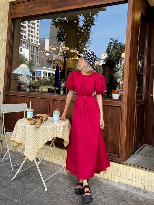 DOTTIE - Đầm midi tay phồng hở lưng nữ DOTTIE - D0253